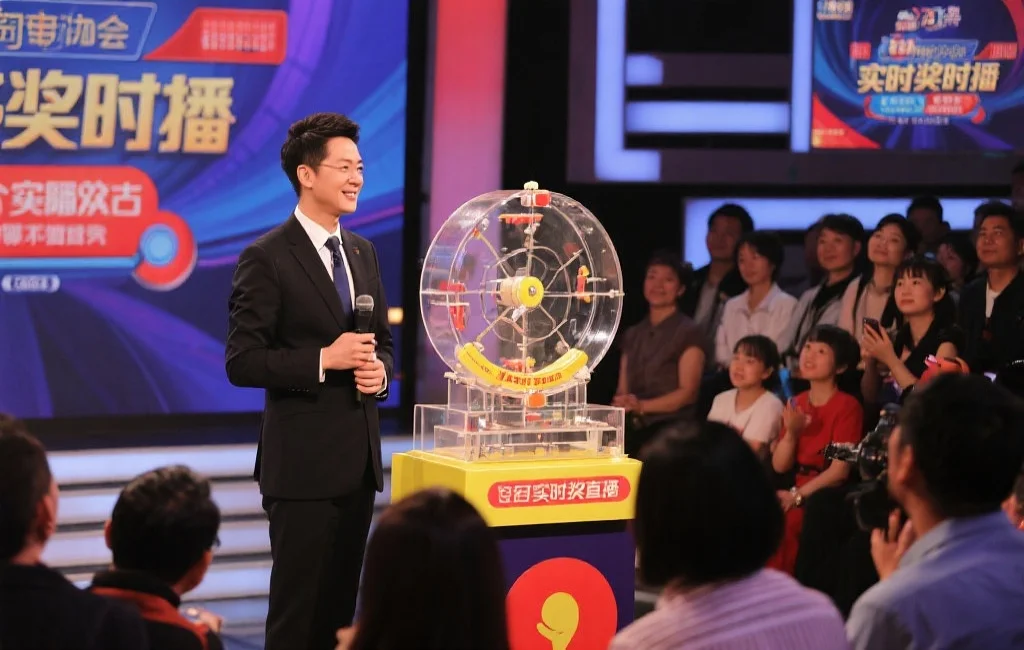现场实时开奖直播，主持人在透明抽奖机前，观众认真观看，突出公正与公开
